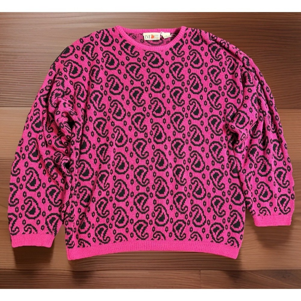 Vintage EVE LTD Magenta Pink paisley print knit retro pullover sweater size 42 L